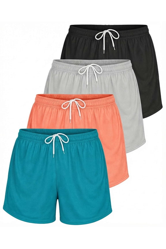 4 Pack: Womens Active Athletic Performance Mesh Shorts with Pockets (Available in Plus Size)