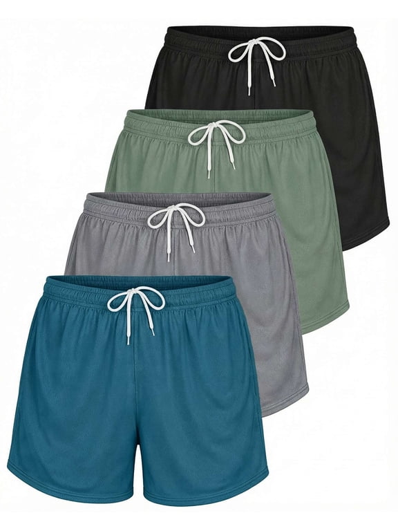 4 Pack: Womens Active Athletic Performance Mesh Shorts with Pockets (Available in Plus Size)