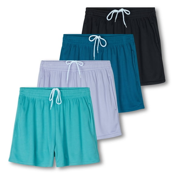 4 Pack: Womens Active Athletic Performance Mesh Shorts with Pockets (Available In Plus Size)