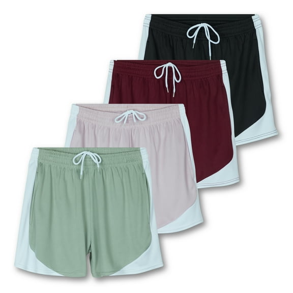 4 Pack: Womens Active Athletic Performance Mesh Shorts with Pockets (Available In Plus Size)
