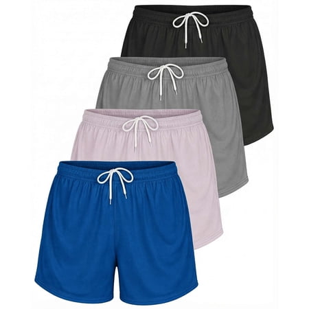 Real Essentials 4 Pack: Womens Active Athletic Performance Mesh Shorts with Pockets (Available in Plus Size)