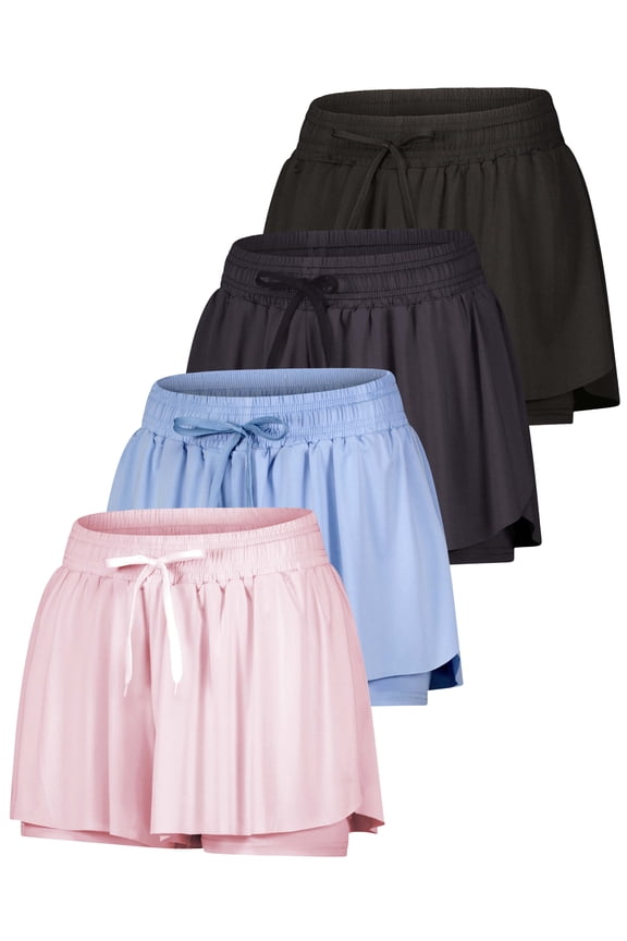 4-Pack: Womens Flowy Dry Fit Running Short for Women - Ruffle Skort Gym Yoga Workout Summer Shorts (Available in Plus Size)