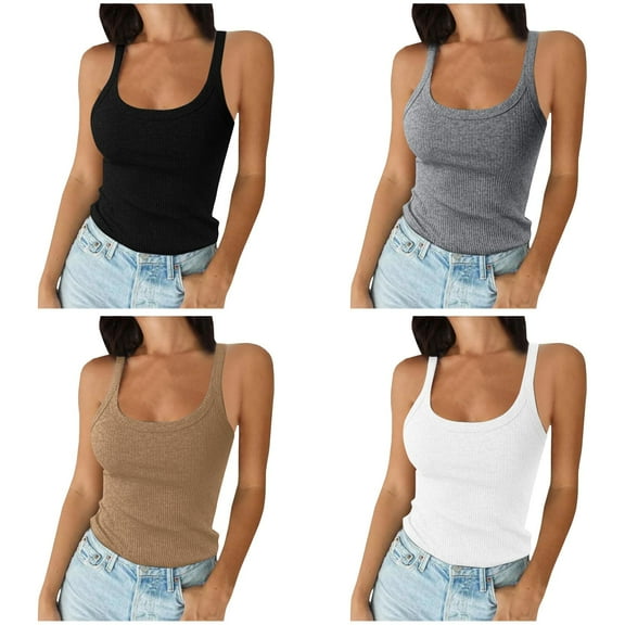 4 Pack Womens Sleeveless Tops Summer Women Spaghetti Strap Scoop Neck Ribbed Tank Tops Slim Fitted Camisole Basic Sleeveless Layering Shirts Workout Tank Tops Woman XS