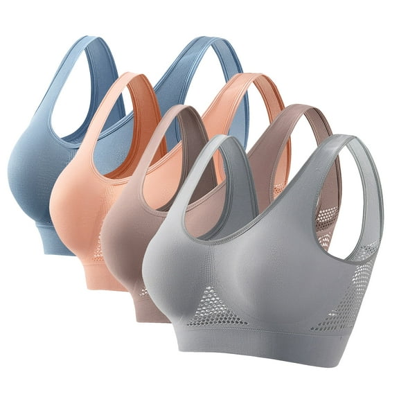 4 Pack Womens Sports Air Bras Plus Size No Underwire Push Up High Support Wire-Free Comfortable Mesh Sports Bra (2XL, Blue/Peach/Brown/Gray)