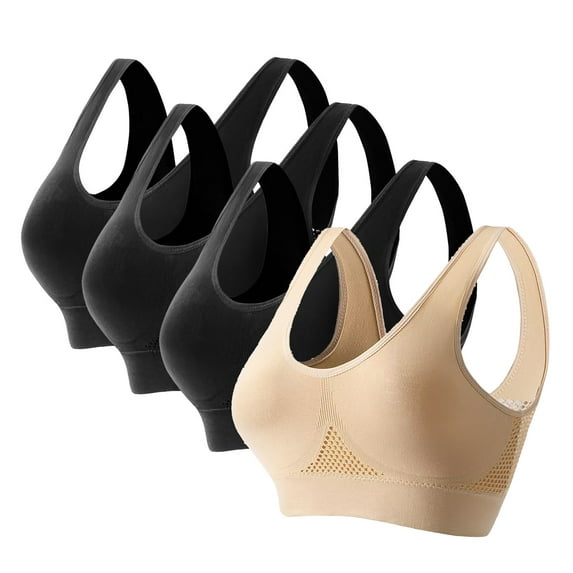 4 Pack Womens Sports Air Bras Plus Size No Underwire Push Up High Support Wire-Free Comfortable Mesh Sports Bra (S, Beige/3*Black)