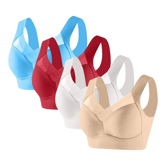 4 Pack Womens Sports Bras Wireless Mesh Breathable Full Coverage Support No Underwire Yoga Running Tops Bra (4XL, Sky Blue/Red/White/Khaki)