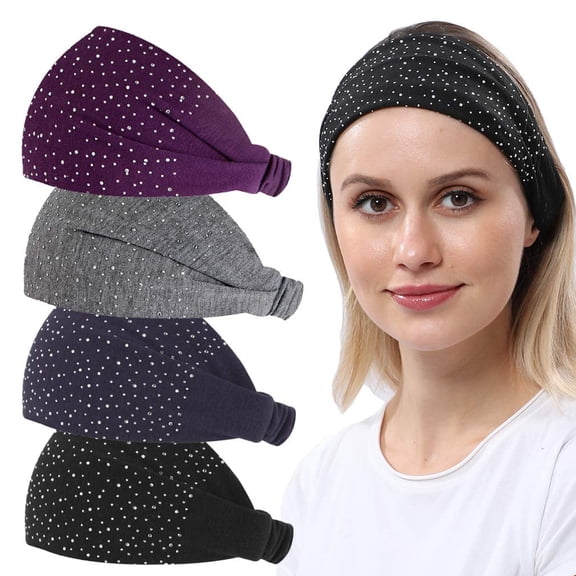4 Pack Womens Yoga Headbands Bandana, Turban Head wraps Hair Bands for Women Teens, Elastic Wide Solid Head Bands Hair Wraps with Rhinestone, Workout Trendy Hair Accessories (2020 diamond design)