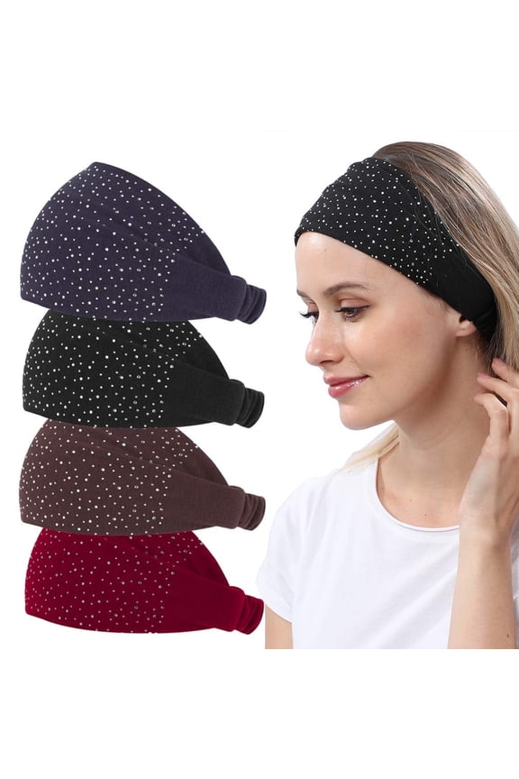 4 Pack Womens Yoga Headbands Bandana, Turban Head wraps Hair Bands for Women Teens, Elastic Wide Solid Head Bands Hair Wraps with Rhinestone, Workout Trendy Hair Accessories (2020 diamond design)