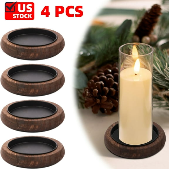 4 Pack Wood Candle Holder Farmhouse Decor Wooden Pillar Candles Tray for Table Centerpiece Small Decorative Tray Riser Round Wooden Plate Pedestal Stand for Christmas Decor