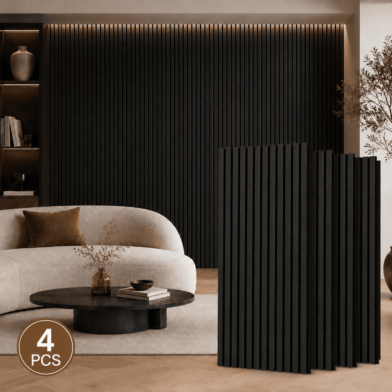4-Pack Wood Slat Acoustic Wall Panels, 23.5" x 47.1" MDF Slat Wall Paneling for Modern Interior Wall Decor, Sound Absorbing Accent Panels, 31 Sq. Ft,Matte Black