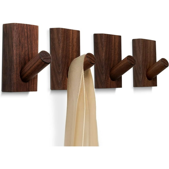 4-Pack Wood Wall Hooks for Hanging - Decorative Mounted Hooks For Towel Heavy Duty Coats - Robe, Backpack (Walnut)