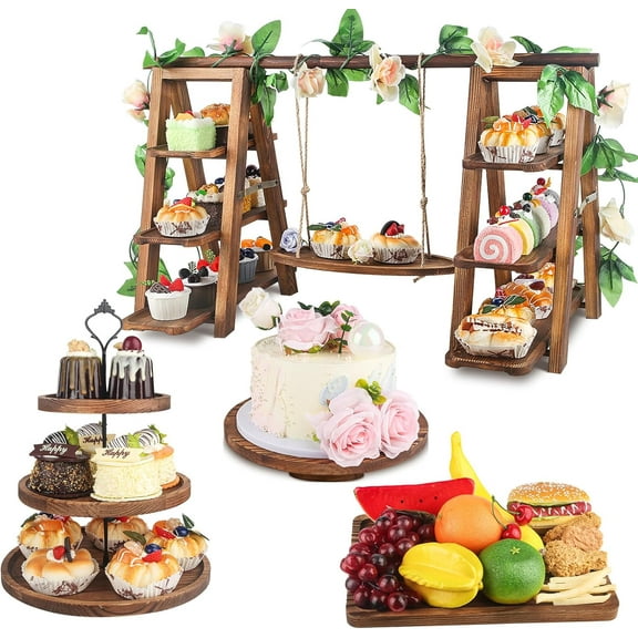 4 Pack Wooden Cake Stand Set 3 Tier Swing Cupcake Stand with Floral Decor, Square & Round Trays, Foldable Ladder Display for Cakes, Snacks, Fruit, Bread, Party & Catering Use