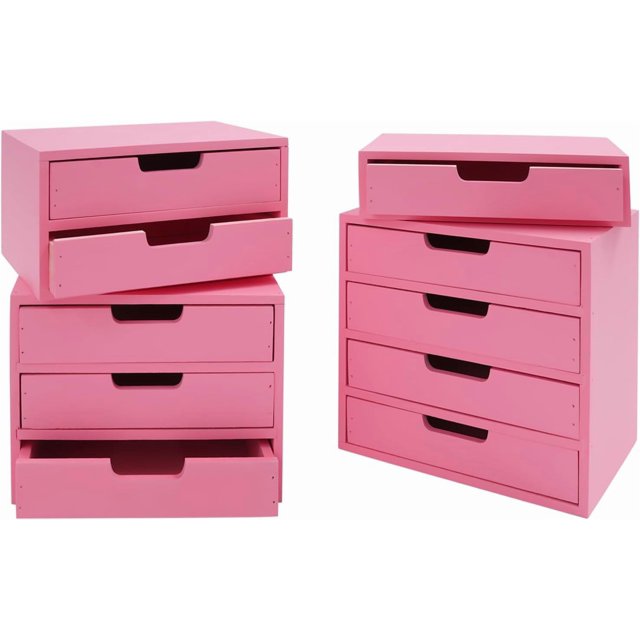 4 Pack Wooden Desktop Storage Organizer, Stackable Drawer Cabinet with Drawers Vintage Apothecary Cabinet, Card Catalog Wooden Storage Box for Desktop Organizer,No Assembly Required (Pink)