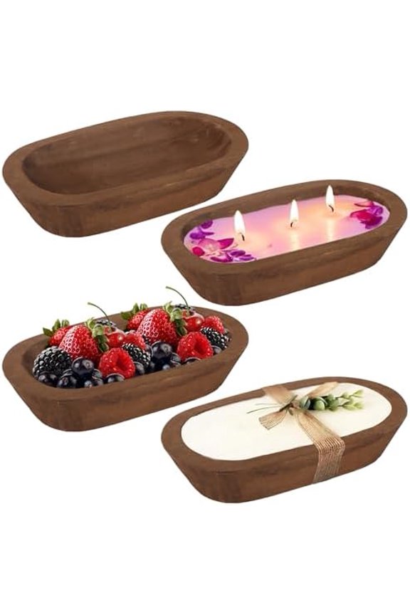 4 Pack Wooden Dough Bowls Bulk, 9.5 in Rustic Dough Bowl for Candle, Natural Paulownia Wood Bowls for Wedding DIY Candle Home Crafts Making Farmhouse Fruits Supplies Decoration