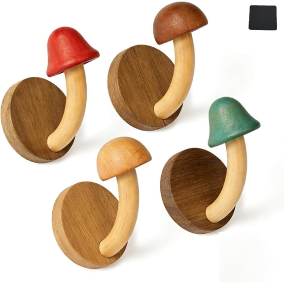 4-Pack Wooden Mushroom Coat Hooks - Cute Mushroom-Shaped Wall Mounted Towel Hanger for Bathroom, Bedroom & Kitchen, Handmade Solid Wood Hooks with Free Forest Wall Stickers P