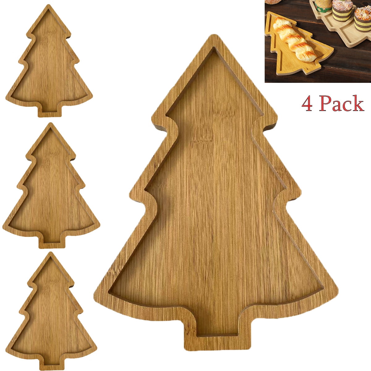 4 Pack Wooden Serving Tray Christmas Tree Tray Plate Christmas Tree