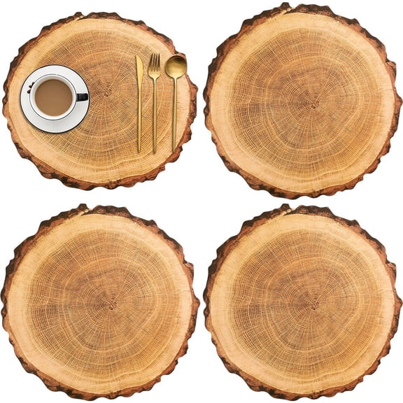 4 Pack Wooden Slice Paper Placemats Rustic Wood Grain Round Table Mats for Vintage Country Wedding Birthday Party Table Setting Decorations
