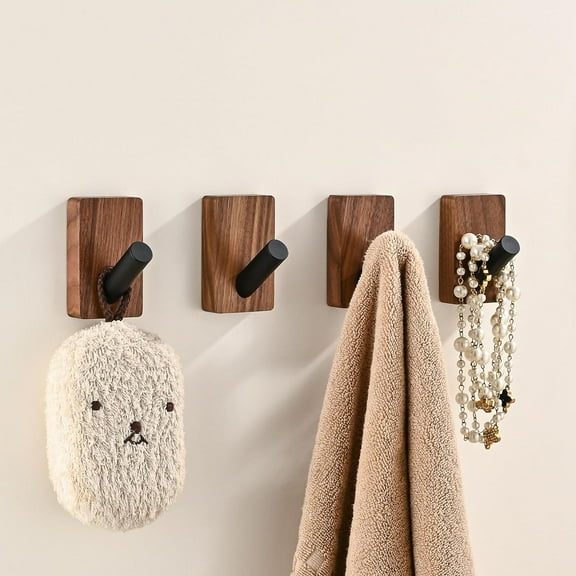 4 Pack Wooden Wall Hooks for Hanging, Adhesive Mounted & Wall Mount Boho Decorative Walnut Wood Coat Hooks for Towel Clothes Blanket Hat Backpack Robe Nursery Door Board Entryway Key Holder