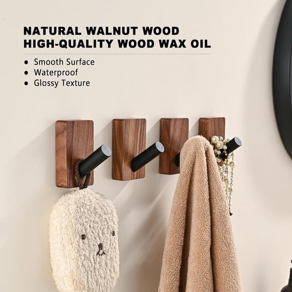 4 Pack Wooden Wall Hooks for Hanging, Adhesive Mounted & Wall Mount Boho Decorative Walnut Wood Coat Hooks for Towel Clothes Blanket Hat Backpack Robe Nursery Door Board Entryway Key Holder