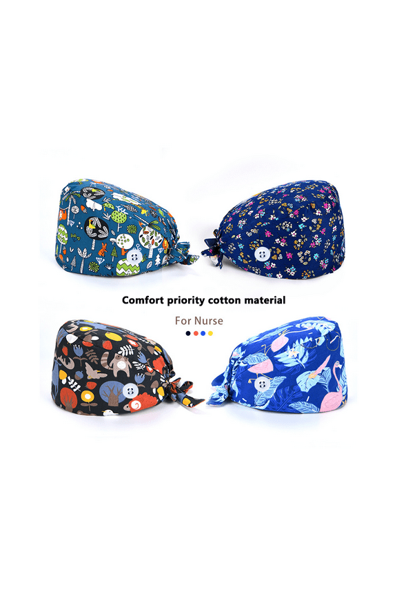 4 Pack Working Cap Scrub Caps with Button and Sweatband Printed,Gourd-Shaped Bouffant Hats Adjustable Tie Back Surgical Cap for Women Men