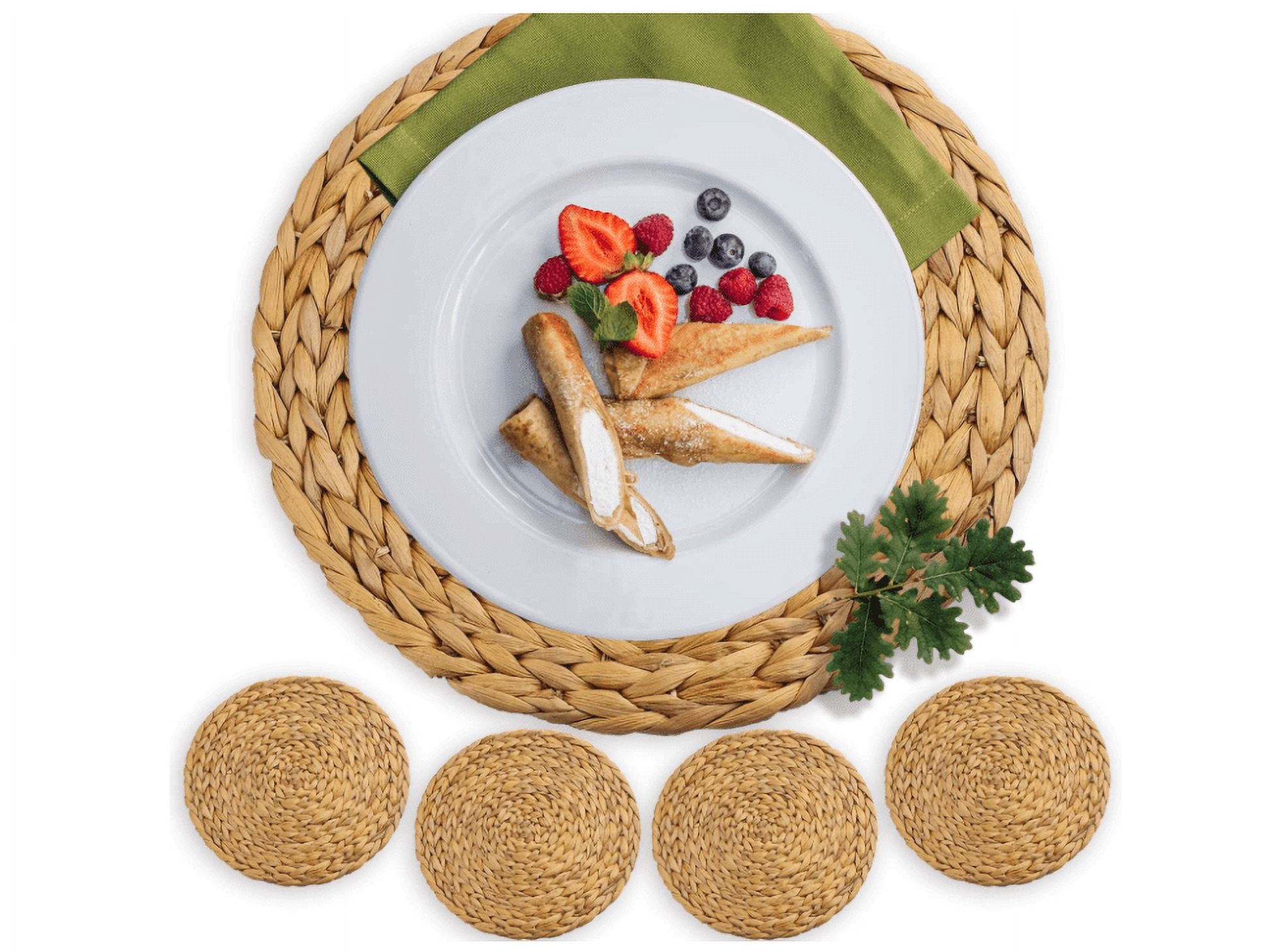 4 Pack Woven Placemats,Natural Water Hyacinth Weave Placemat Round Braided Rattan Tablemats 14 inch