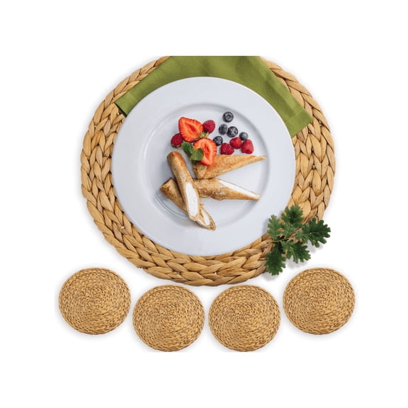 4 Pack Woven Placemats,Natural Water Hyacinth Weave Placemat Round Braided Rattan Tablemats 14 inch