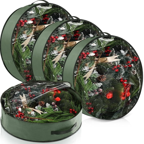 "4 Pack Wreath Storage Container, Christmas Wreath Storage Box with Clear Window, Handles, Upgrade Oxford Cloth Garland Bags and Dual Zipper for Xmas Wrapping (Green, 24 Inch)
