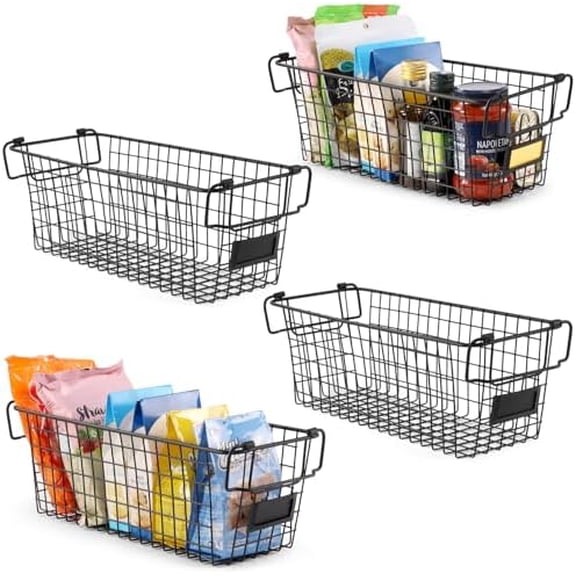 4 Pack [ XL Large ] STACKABLE Wire Baskets for Organizing - Pantry Storage and Organization Metal Bins for Produce, Food, Fruit - Kitchen Bathroom Closet Cabinet, Countertop, Under Sink Organizer