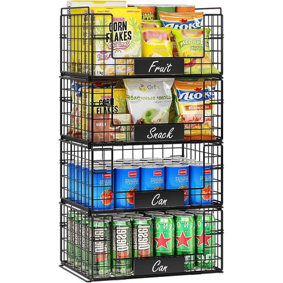 4 Pack XXL Stackable Wire Baskets with Handles for Pantry Storage and Organization,Fruit and Vegetable Basket with Name Plates,Metal Storage Bins for Snack Can Fruit Veggies