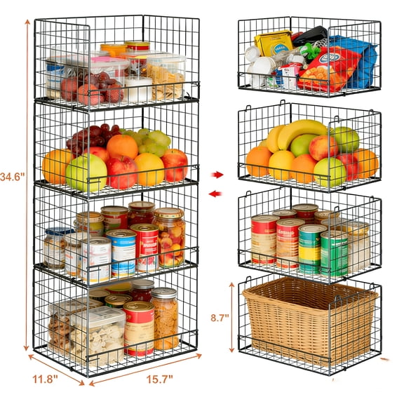 4 Pack XXL Stackable Wire Storage Basket, Extra Large Capacity Pantry Organizer and Storage, Muti-Purpose for Fruit Vegetable Basket& Toy Bin& Snack Organizer, Shelf Baskets