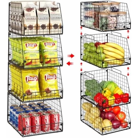 4 Pack XXL Stackable Wire Storage Basket, Extra Large Capacity Pantry Organizer and Storage, Muti-Purpose for Fruit Vegetable Basket & Toy Bin & Snack Organizer