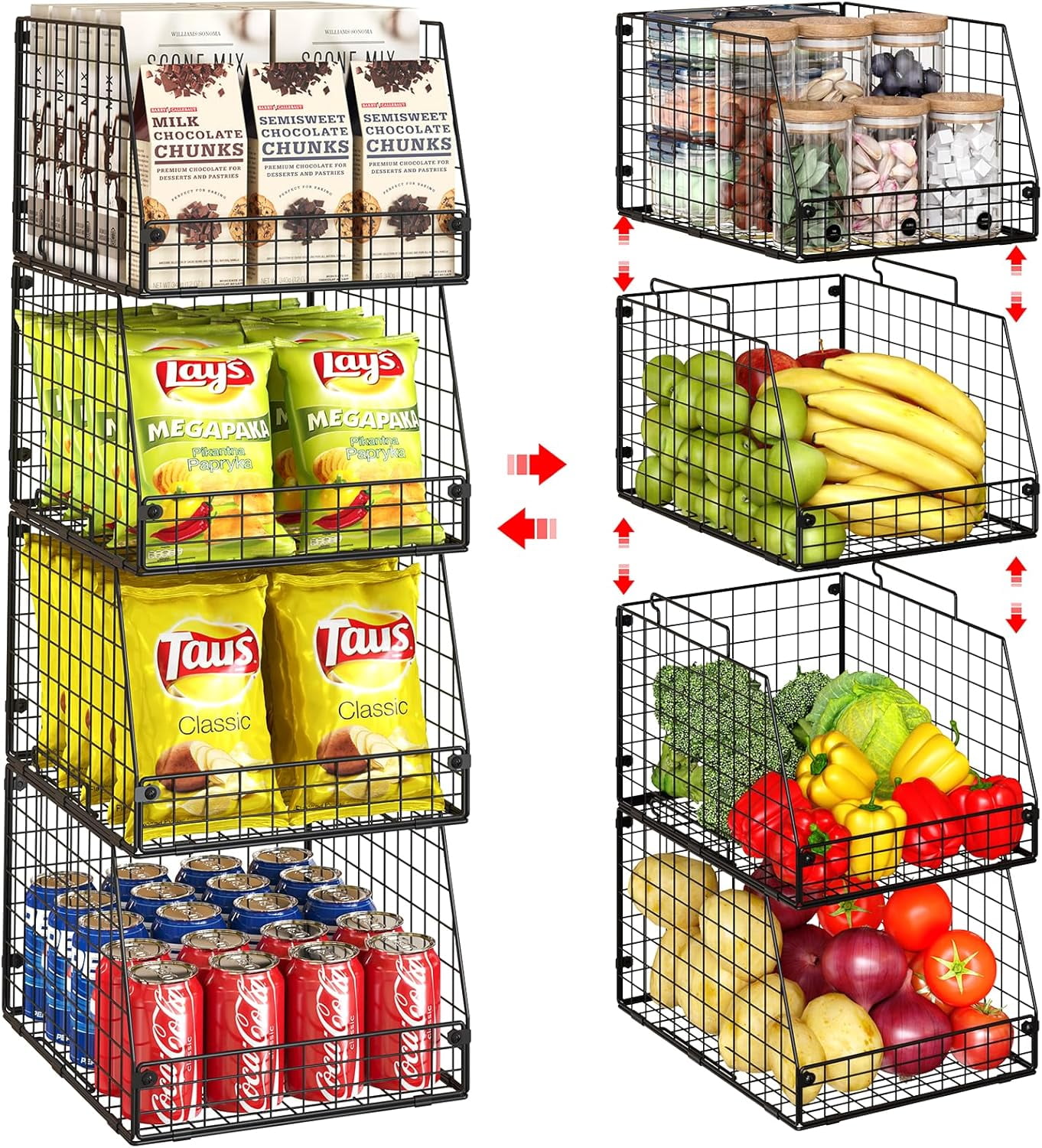 4 Pack XXL Stackable Wire Storage Basket, Extra Large Capacity Pantry ...