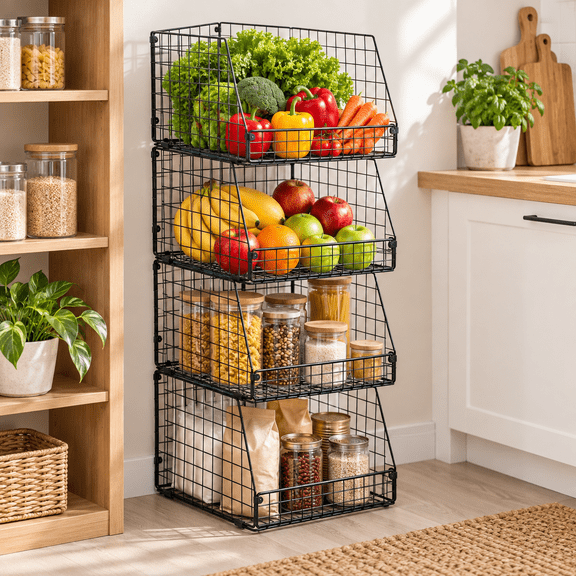 4 Pack XXL Stackable Wire Storage Basket, Extra Large Capacity Pantry Organizer and Storage, Muti-Purpose for Vegetable Fruit Basket & Can Organizer & Snack Rack & Metal Pantry Bin