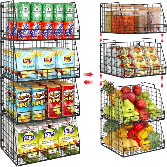 X-COSRACK 4-Pack XXL Stackable Wire Storage Baskets, Extra Large Metal Pantry Organizer Bins, Multi-Purpose Fruit & Vegetable Produce Rack, Foldable Snack & Can Storage