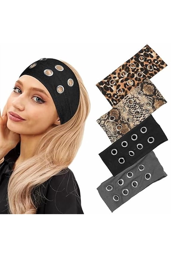 4 Pack Y2K Punk Hollow Metal Headbands - Wide Hairband with Grommet Eyelet Design, Leopard Print Elastic Bands - Retro Fashion Accessories for Girls, Women, Festival, Street & Daily Wear