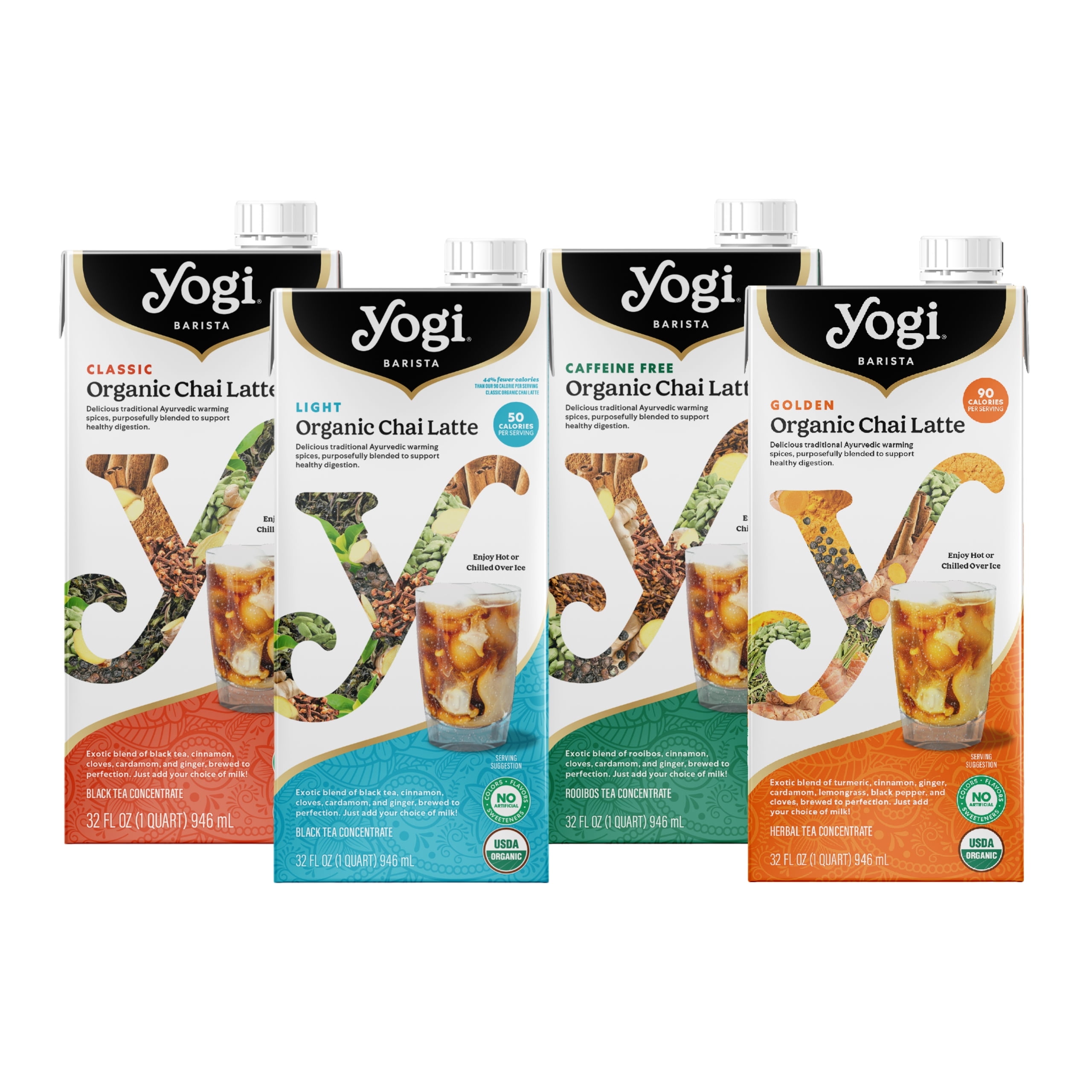 (4 Pack) Yogi Barista Organic Chai Latte Variety Pack, Tea Concentrates, 32 Fl Oz Cartons