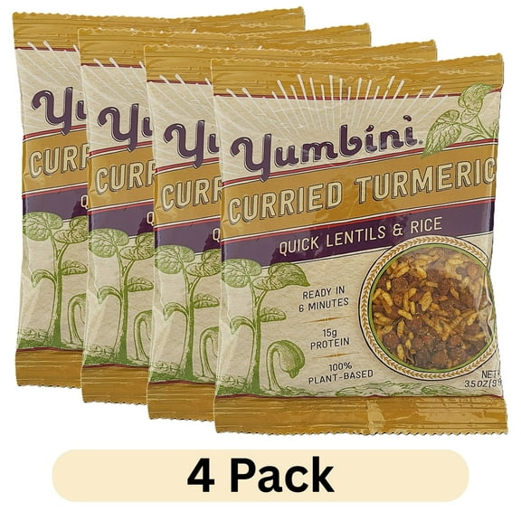 (4 pack) Yumbini Curried Turmeric Quick Lentils and Rice Dry Mix, Vegan, Gluten-Free, 3.5 oz, Lightweight, Shelf Stable Pouch