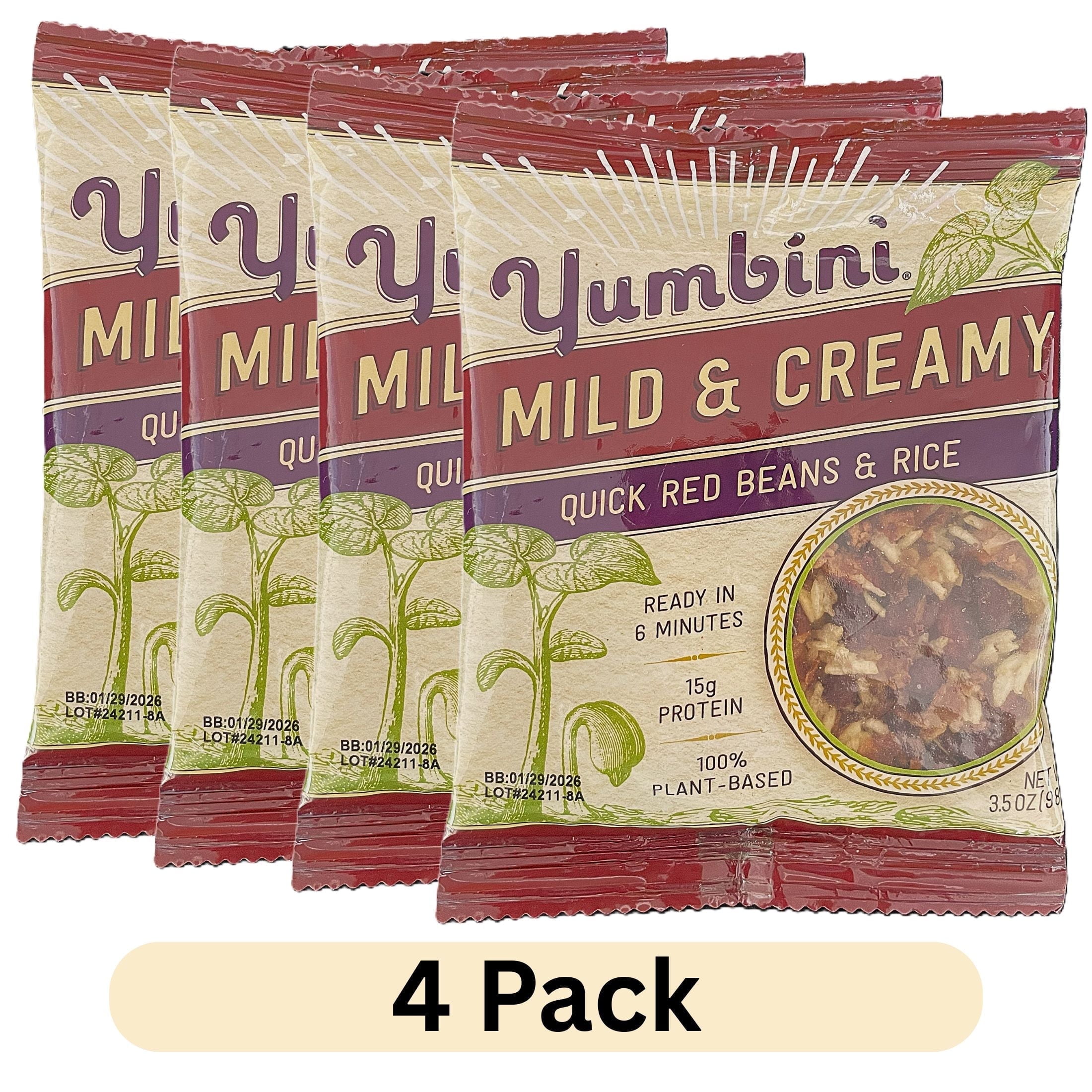 (4 pack) Yumbini Mild & Creamy Quick Red Beans and Rice Dry Mix, Vegan, Gluten-Free, 3.5 oz Each, Lightweight Shelf Stable Pouch