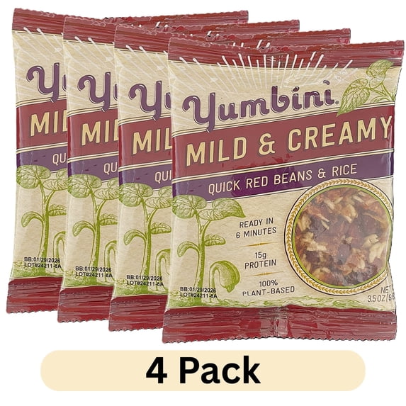 (4 pack) Yumbini Mild & Creamy Quick Red Beans and Rice Dry Mix, Vegan, Gluten-Free, 3.5 oz Each, Lightweight Shelf Stable Pouch