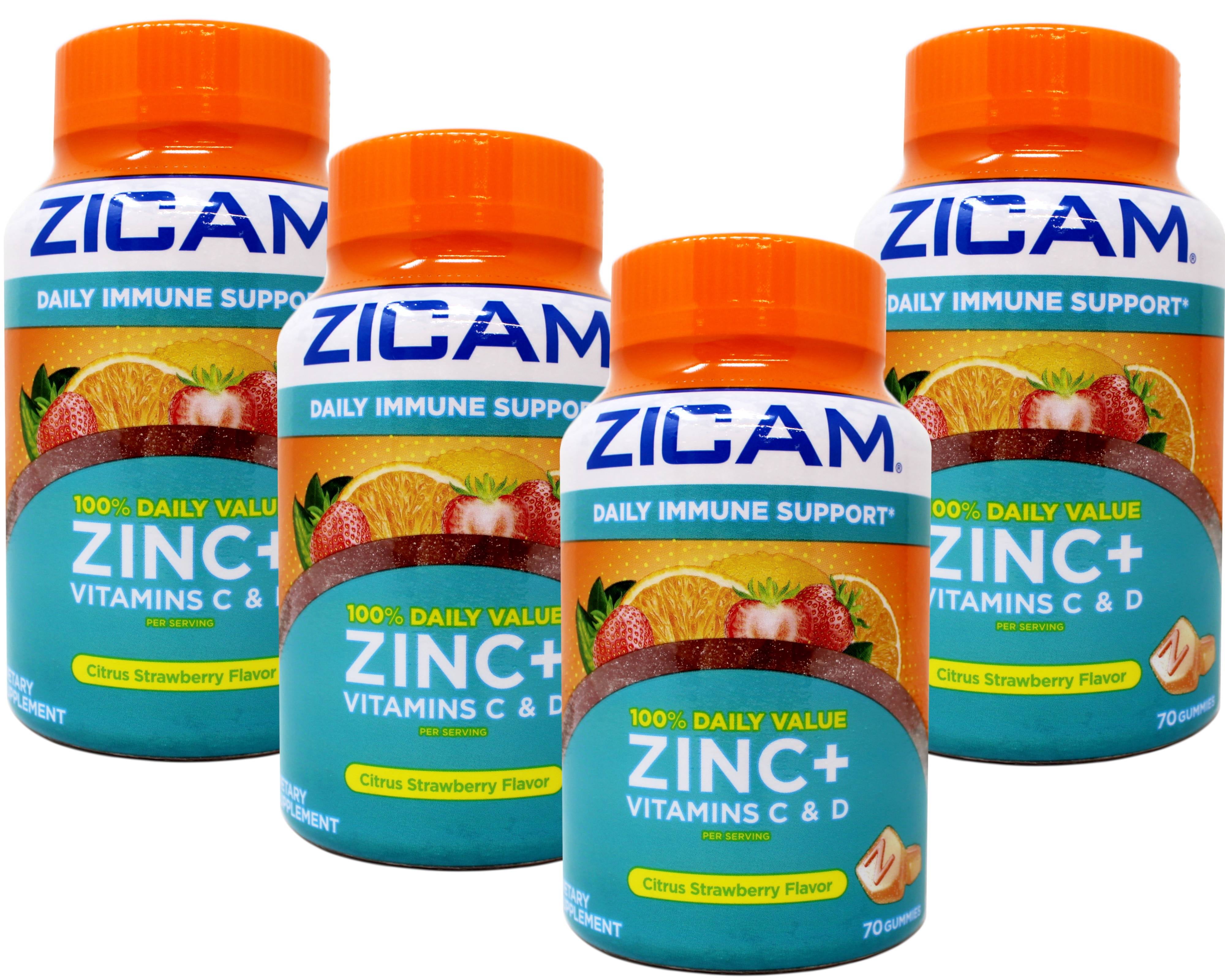 4 Pack - Zicam Daily Immune Support, Gummy Supplement, Zinc, Vitamin C & Vitamin D, Citrus Strawberry Flavor, 70 Count