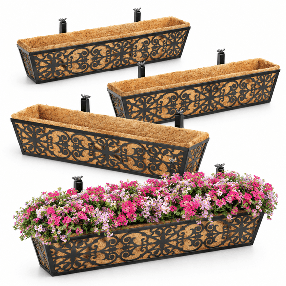 4 Pack-black 30 Inch Window Boxes Planters with Adjustable Brackets and Coco Liners