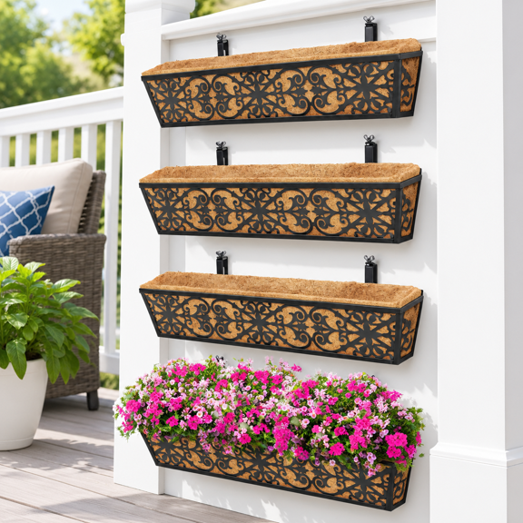 4 Pack-black 30 Inch Window Boxes Planters with Adjustable Brackets and Coco Liners