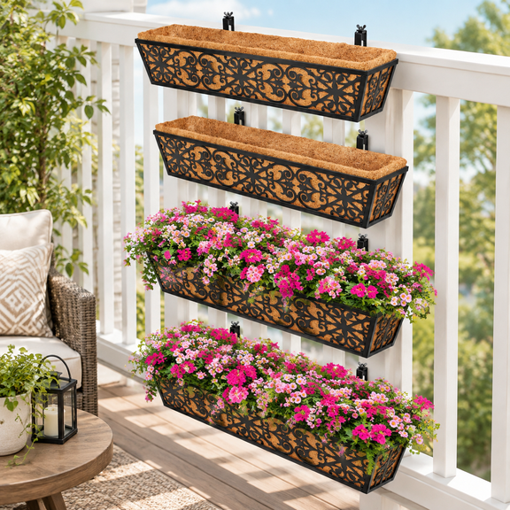4 Pack-black 30 Inch Window Boxes Planters with Adjustable Brackets and Coco Liners