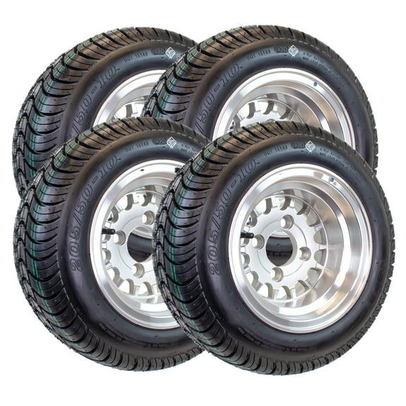 eCustomrim 4-Pack 205/50-10 Trailer Golf Cart ATV Tire On 10X7 Gloss Silver Rim A6