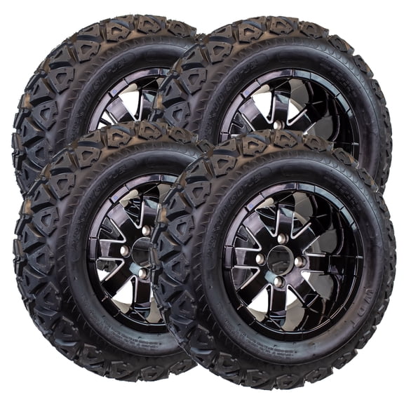 4-Pack 23X10.50-12 Golf Cart ATV Offroad Tire On 12X7 Gloss Black Rim B4 All Terrain Mud Turf