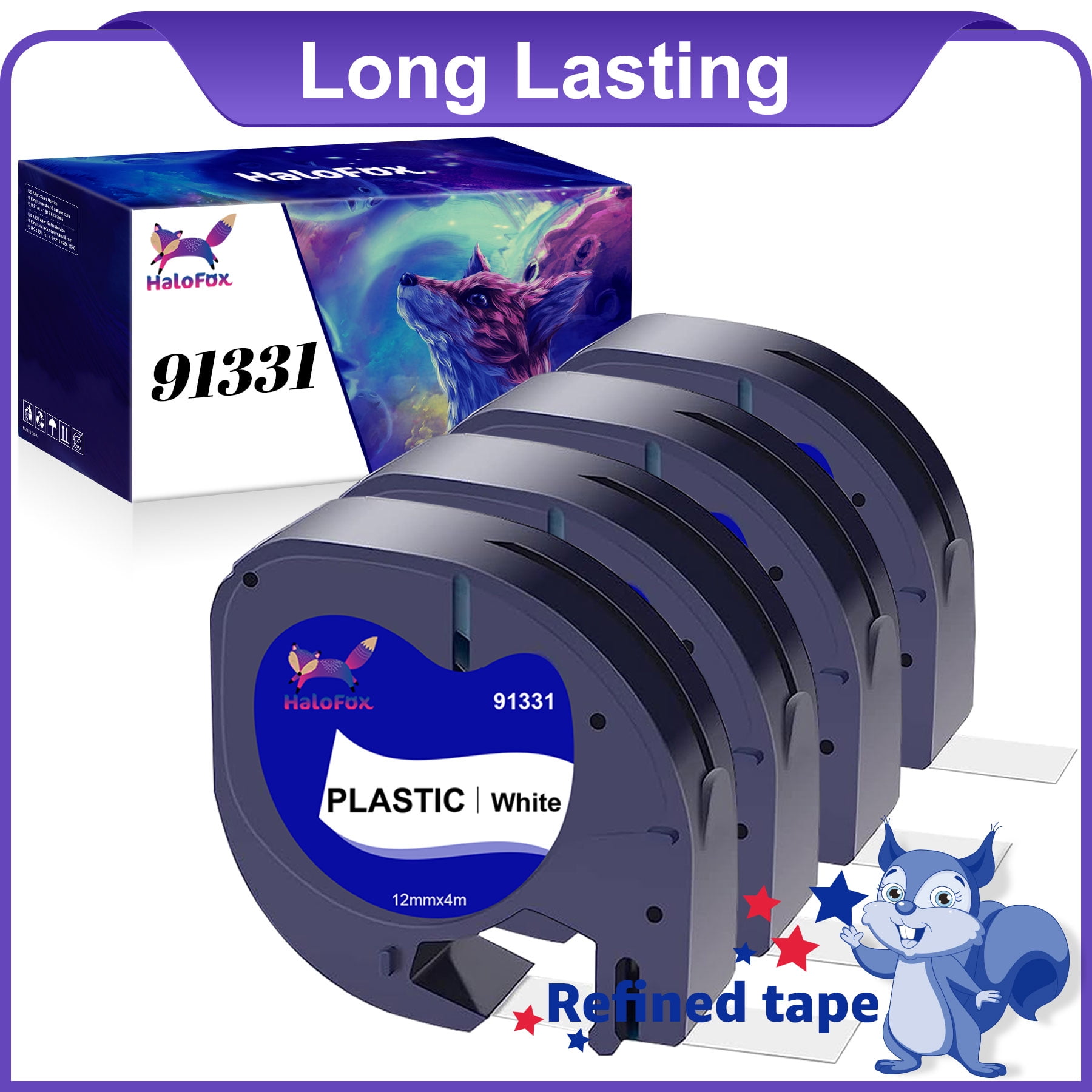 🦊8 Pack letratag label maker refills for Dymo letratag label maker refills  LT Plastic White Tape 91331 (S0721660), for LT-100H LT-100T LT-110T QX50 LT- 200B, Black on White, 12mm x 4m(1/2 x 13') 