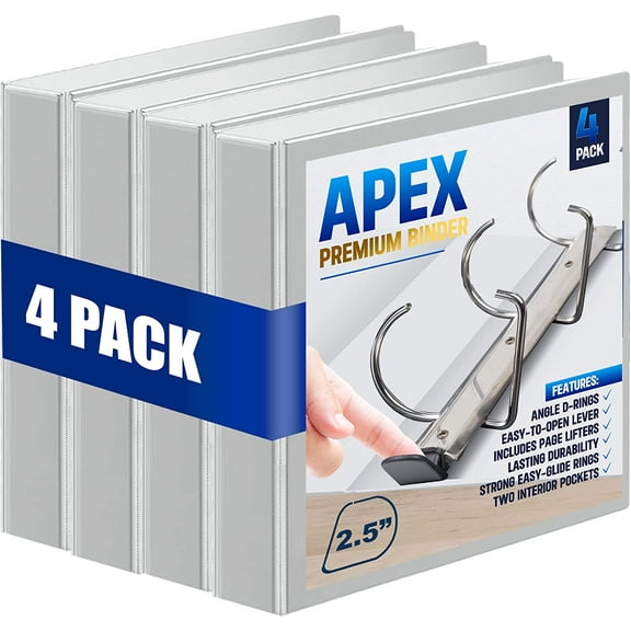 4 Pack of 2.5” Smooth Opening Angle D-Ring View White Binders, Professional Presentation Folder for Standard Pages with Inside Pockets
