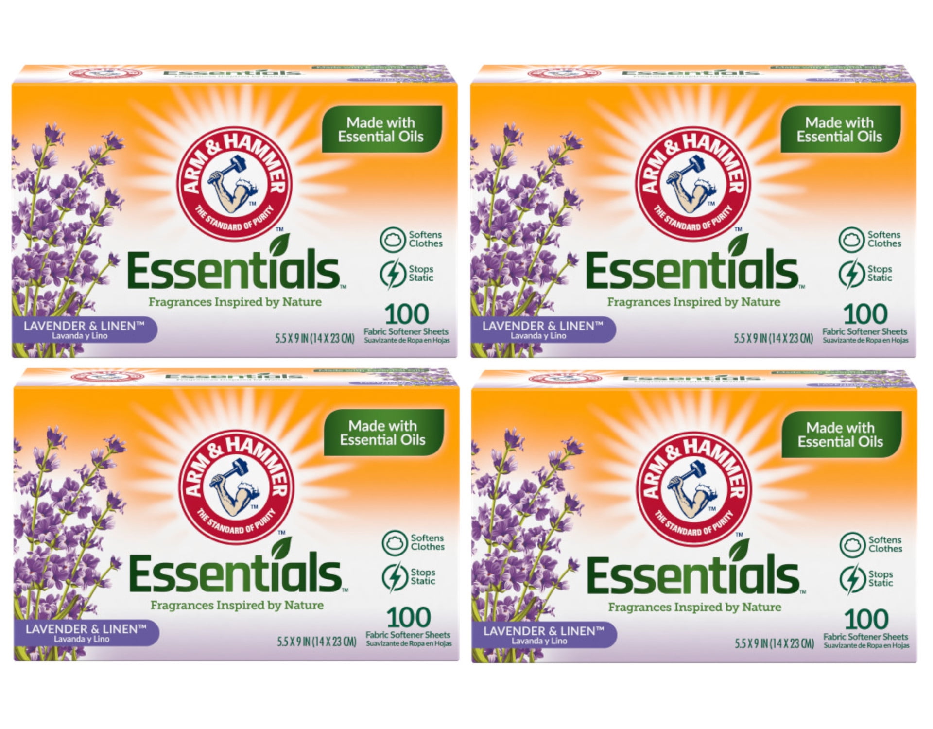 4 Pack of Arm & Hammer Fabric Softener Dryer Sheets, Lavender & Linen Scent, 100 Count