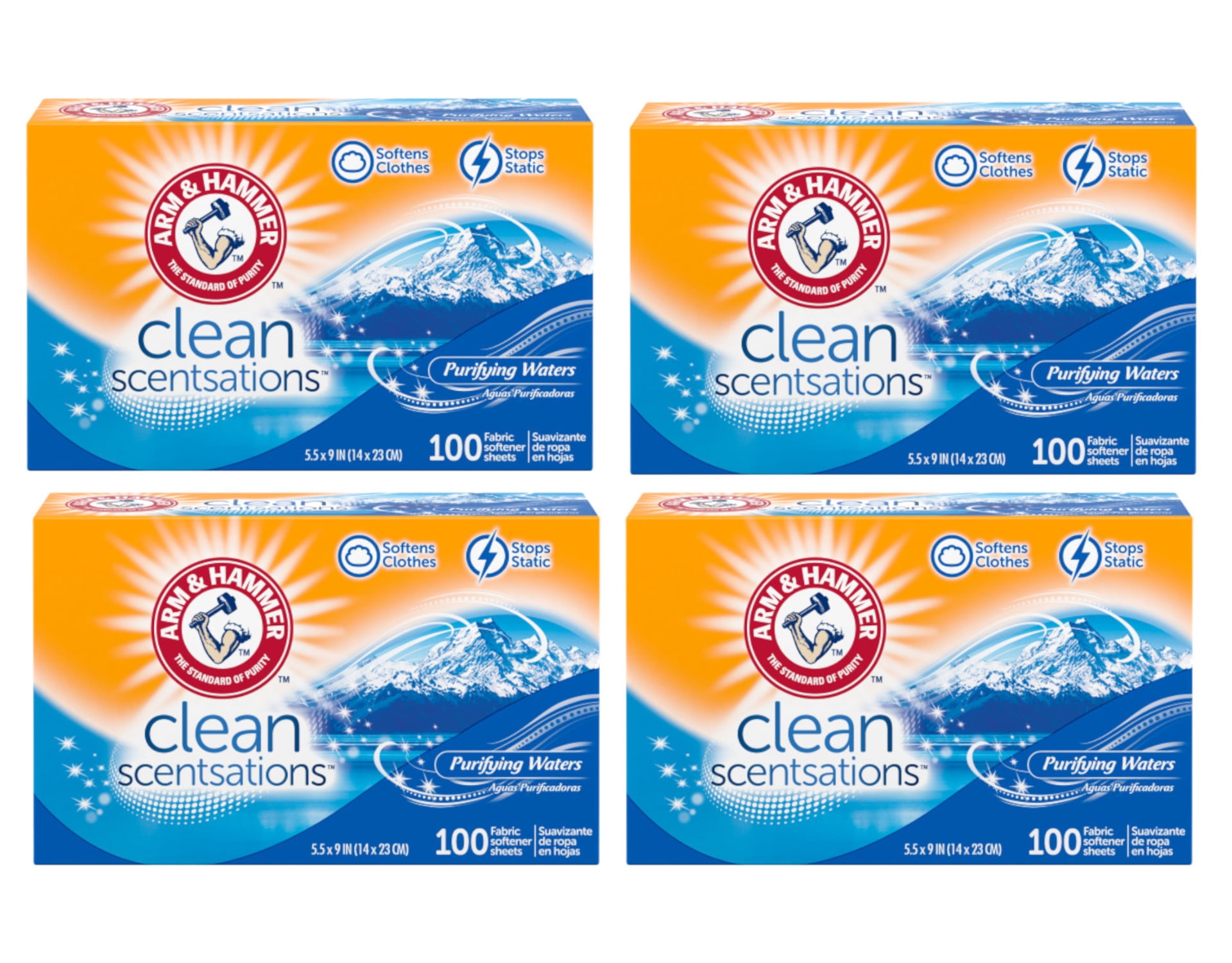 4 Pack of Arm & Hammer Fabric Softener Dryer Sheets, Purifying Waters Scent, 100 Count