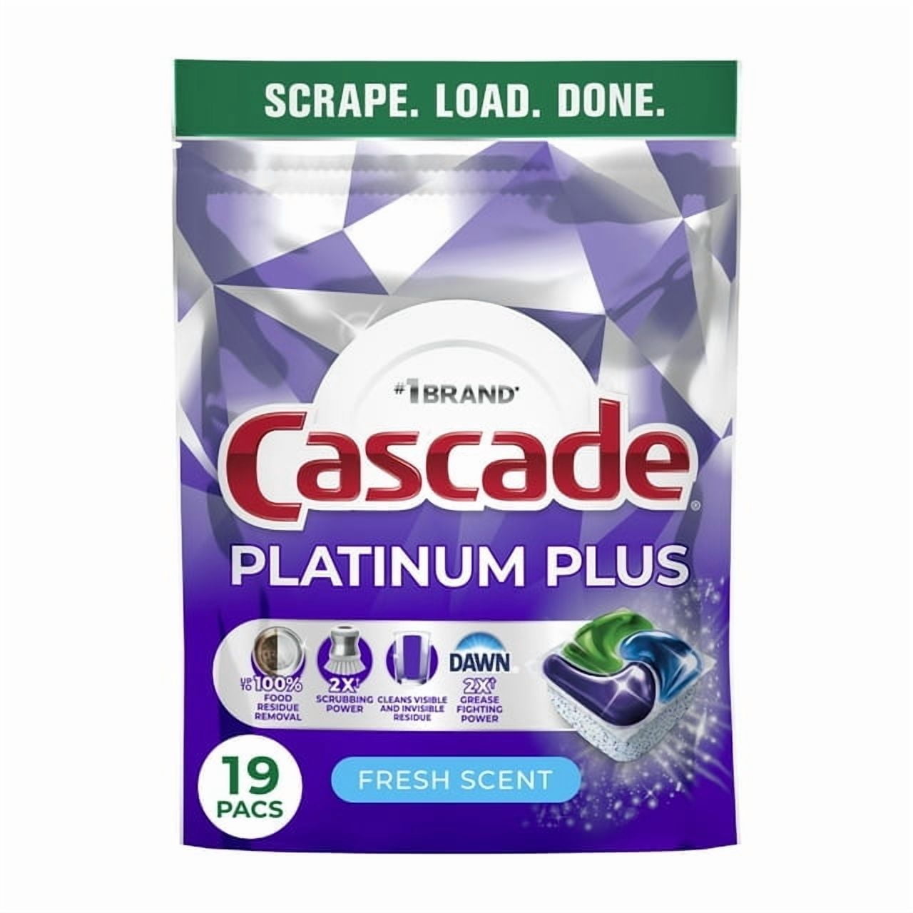 4 Pack of Cascade Platinum Plus Dishwasher Pods, Action Pacs Dishwasher Detergent Tabs, Fresh, 19 Count